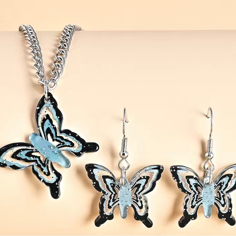 Silver blue butterfly necklace and earrings set - Picture 3 of 4